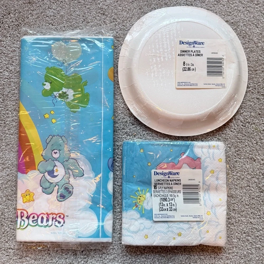 Vintage Care Bears new sealed plates, napkins and plastic table cloth bundle